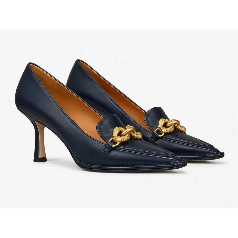 Tory Burch Jessa Pointed Toe Leather Pumps Navy Gold Chain Heels Size 7M